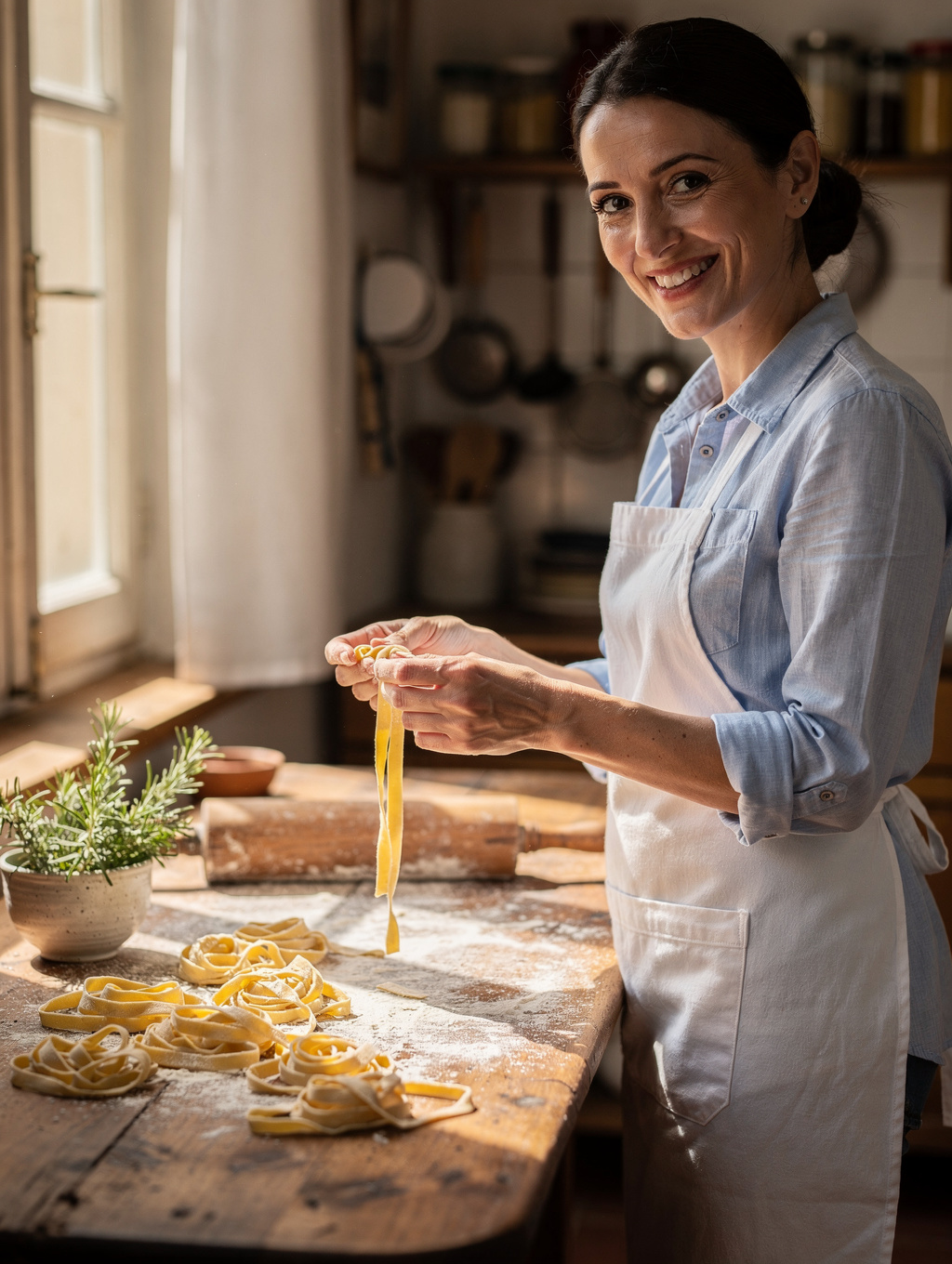 Chef Elena Bianchi shaping fresh pasta on a marble surface