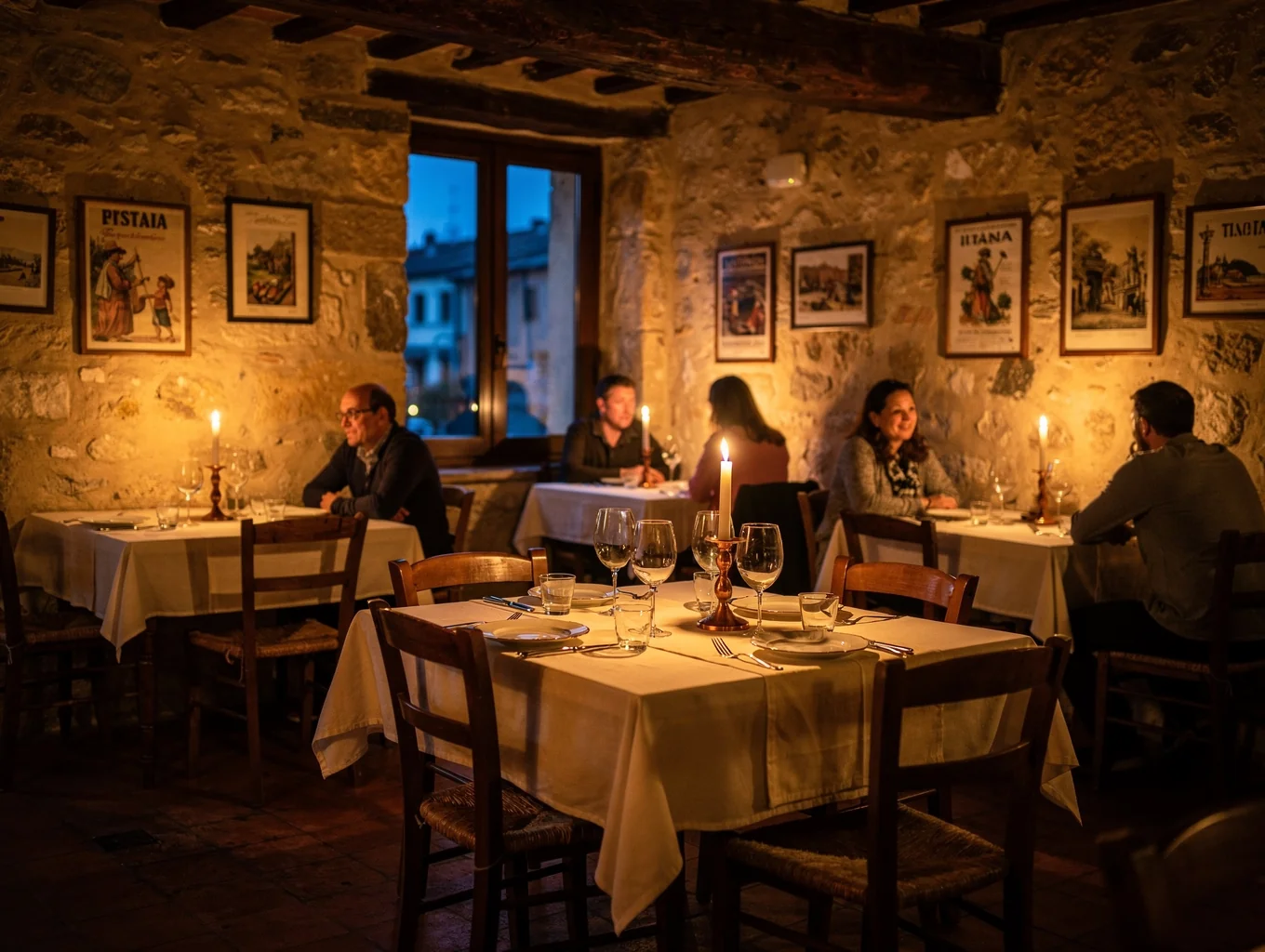 Warm candlelit dining room with dark stone walls at MANGIA