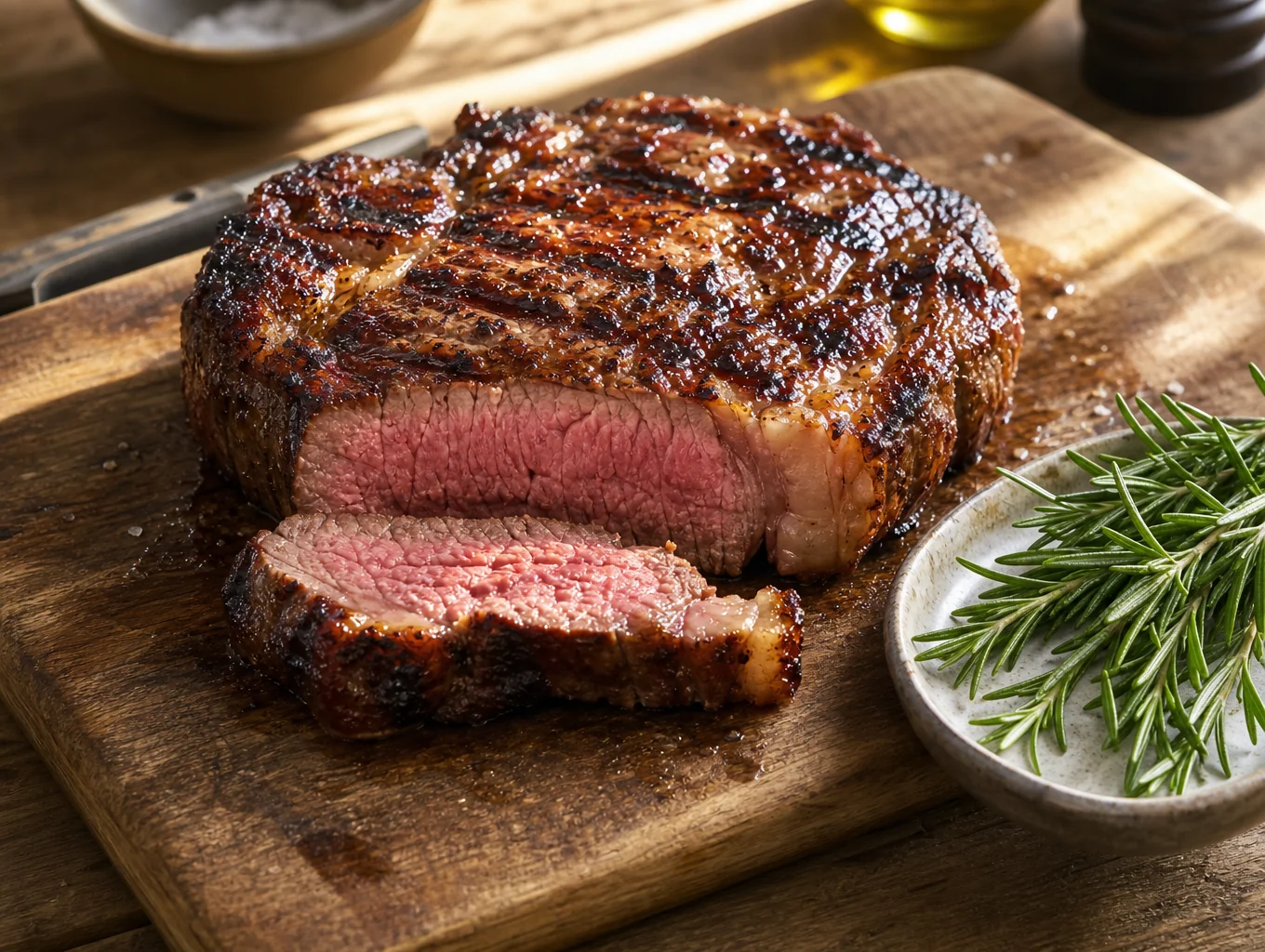 Wood-fired porterhouse steak on a rustic board