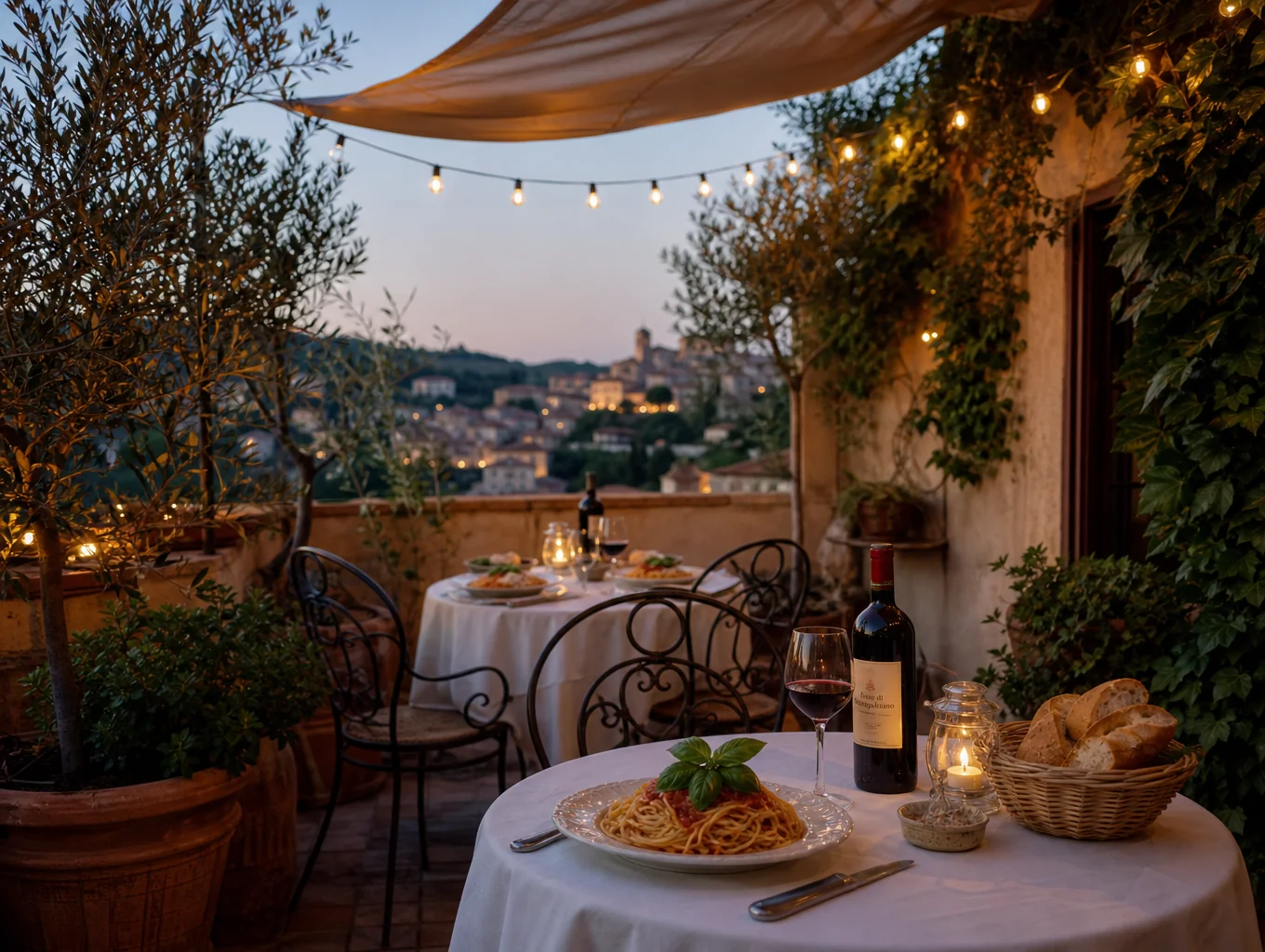 Outdoor dining terrace with olive greenery and evening lanterns