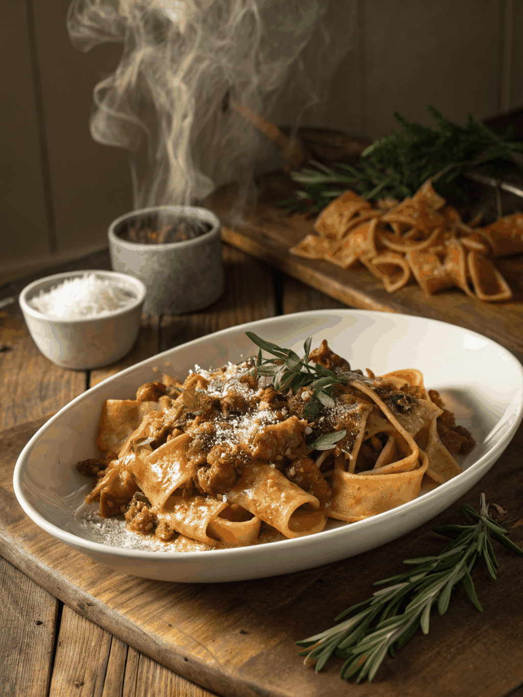 Freshly prepared handmade pasta in a cozy Italian restaurant setting