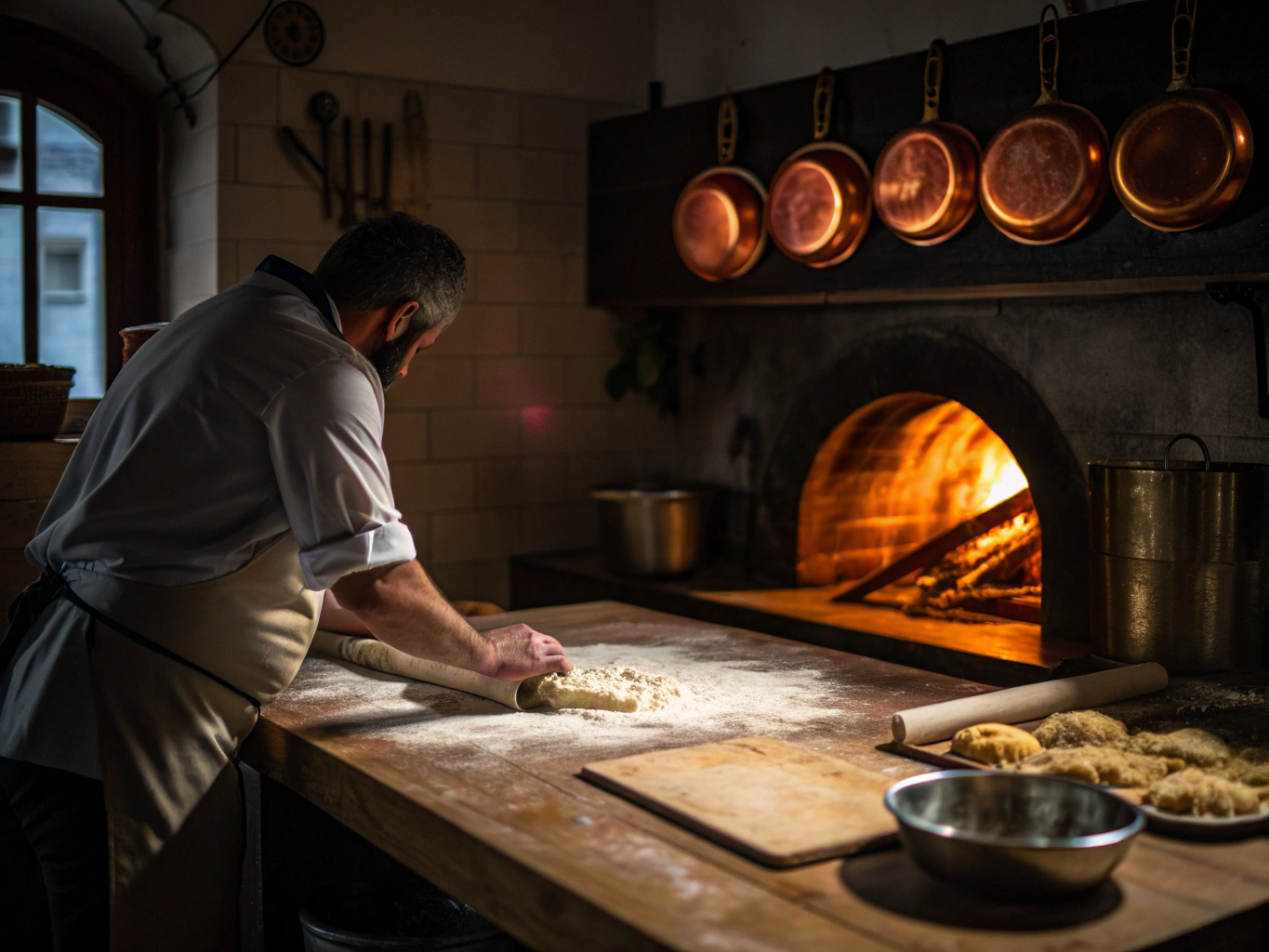 Chef preparing fresh handmade pasta in a warm, modern Italian kitchen