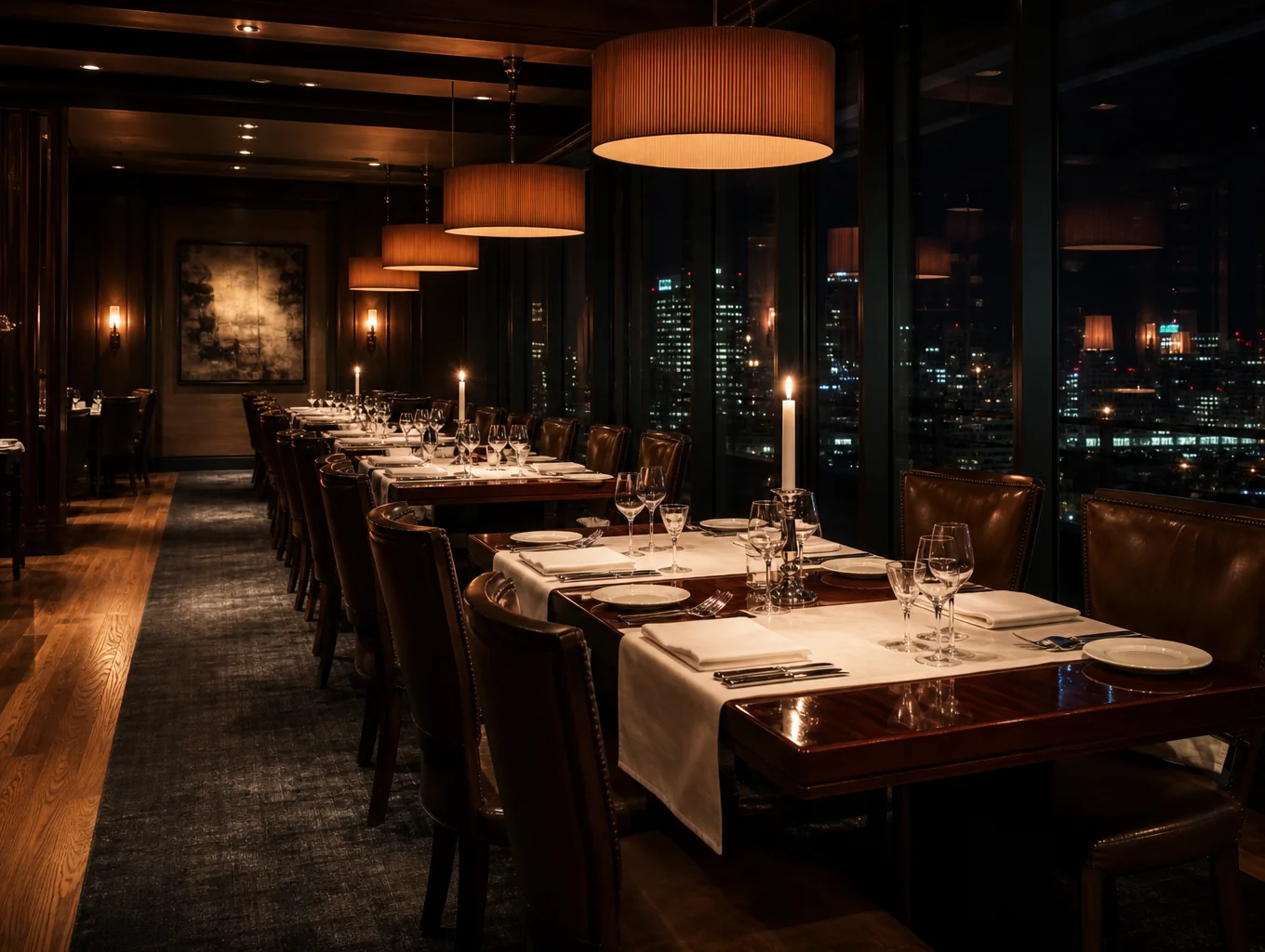 Candlelit dining room with rustic wooden tables and warm glow