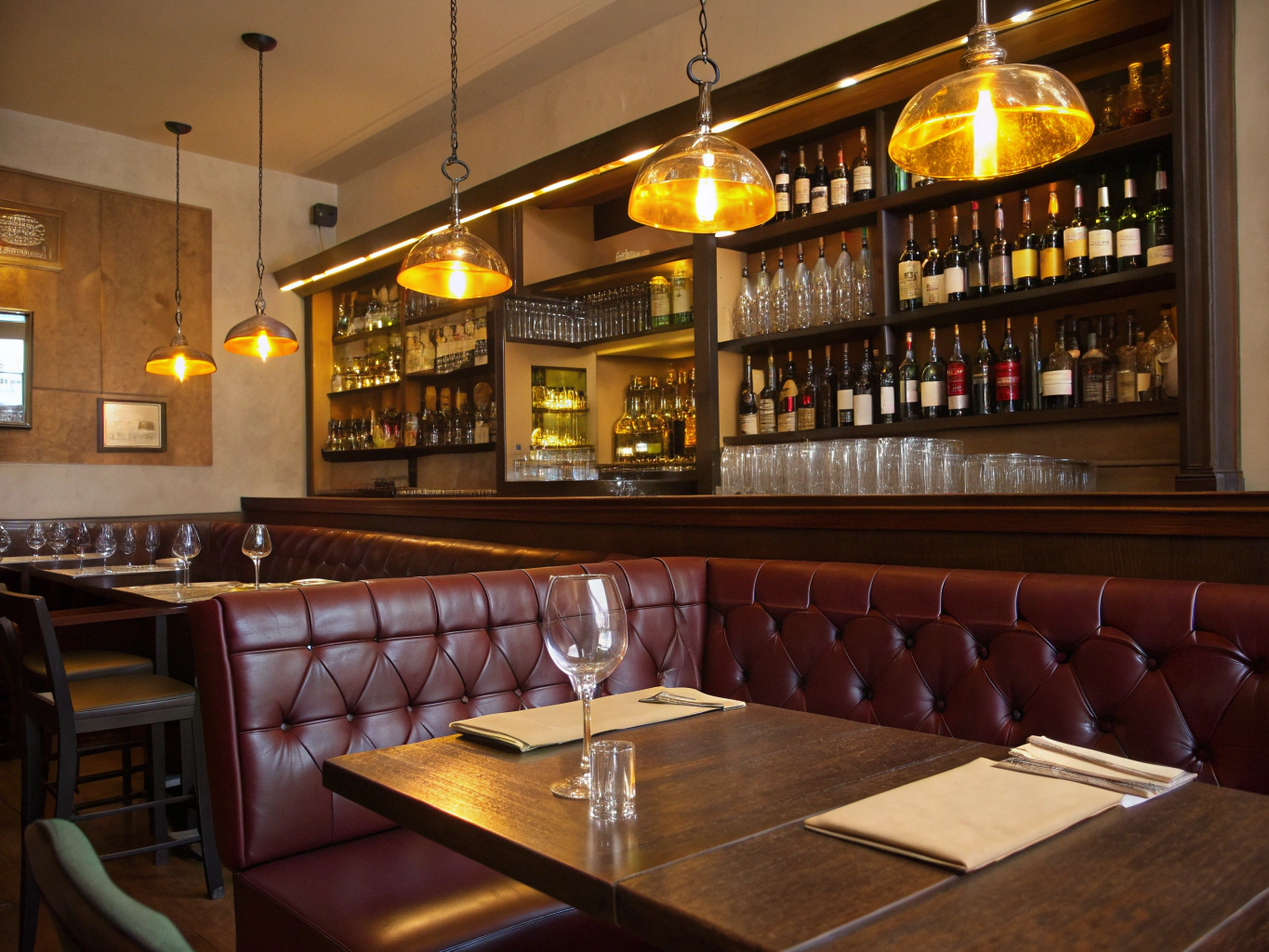 Warmly lit cocktail bar with bottles of Italian amaro and wine