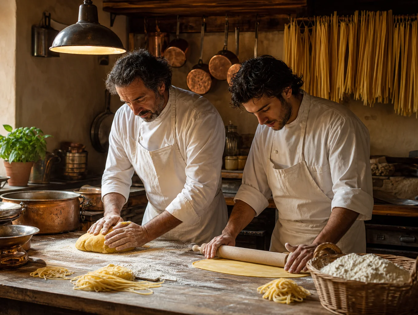 Chefs preparing fresh handmade pasta in an open kitchen