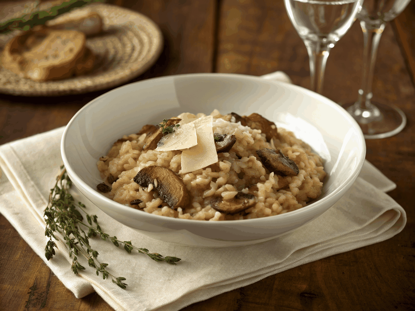 Creamy mushroom risotto garnished with herbs