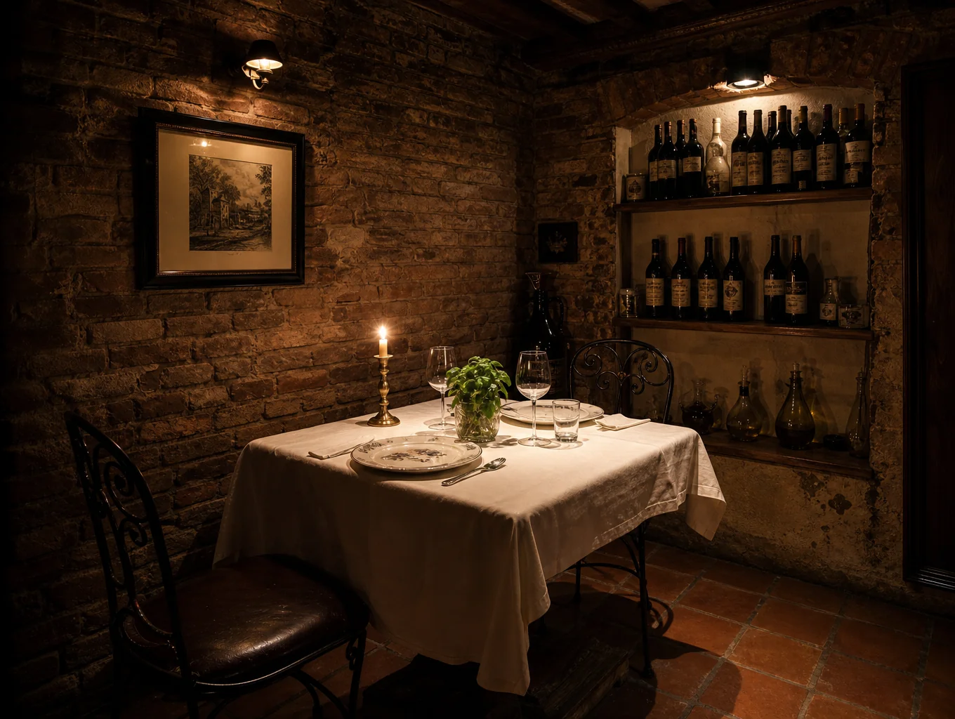 Cozy intimate arched dining alcove with ambient brass sconces