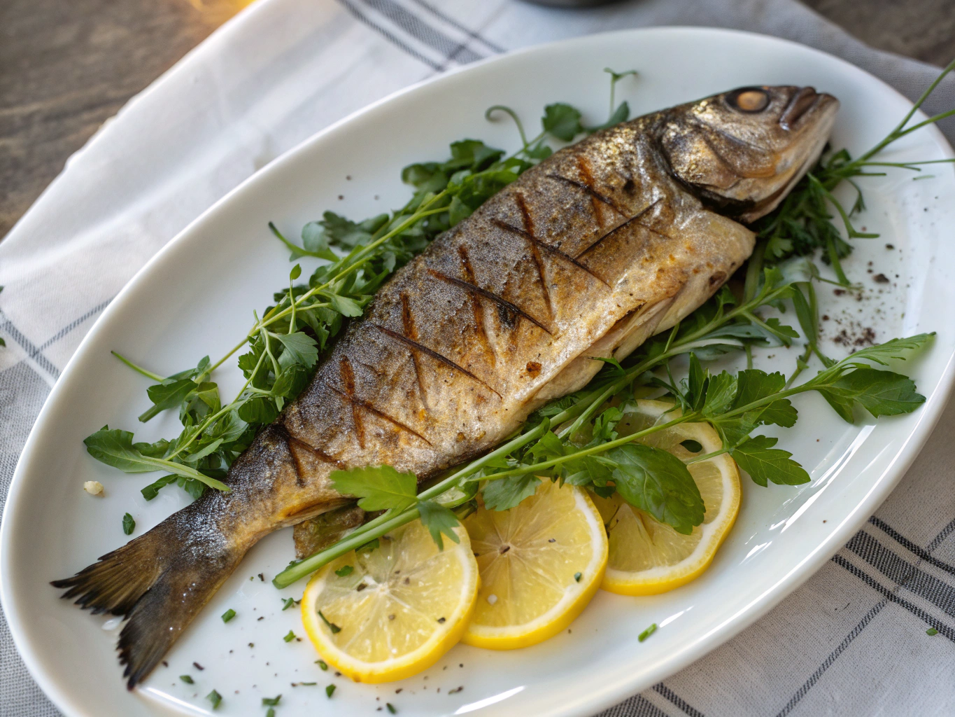 Whole roasted branzino with lemon and herbs