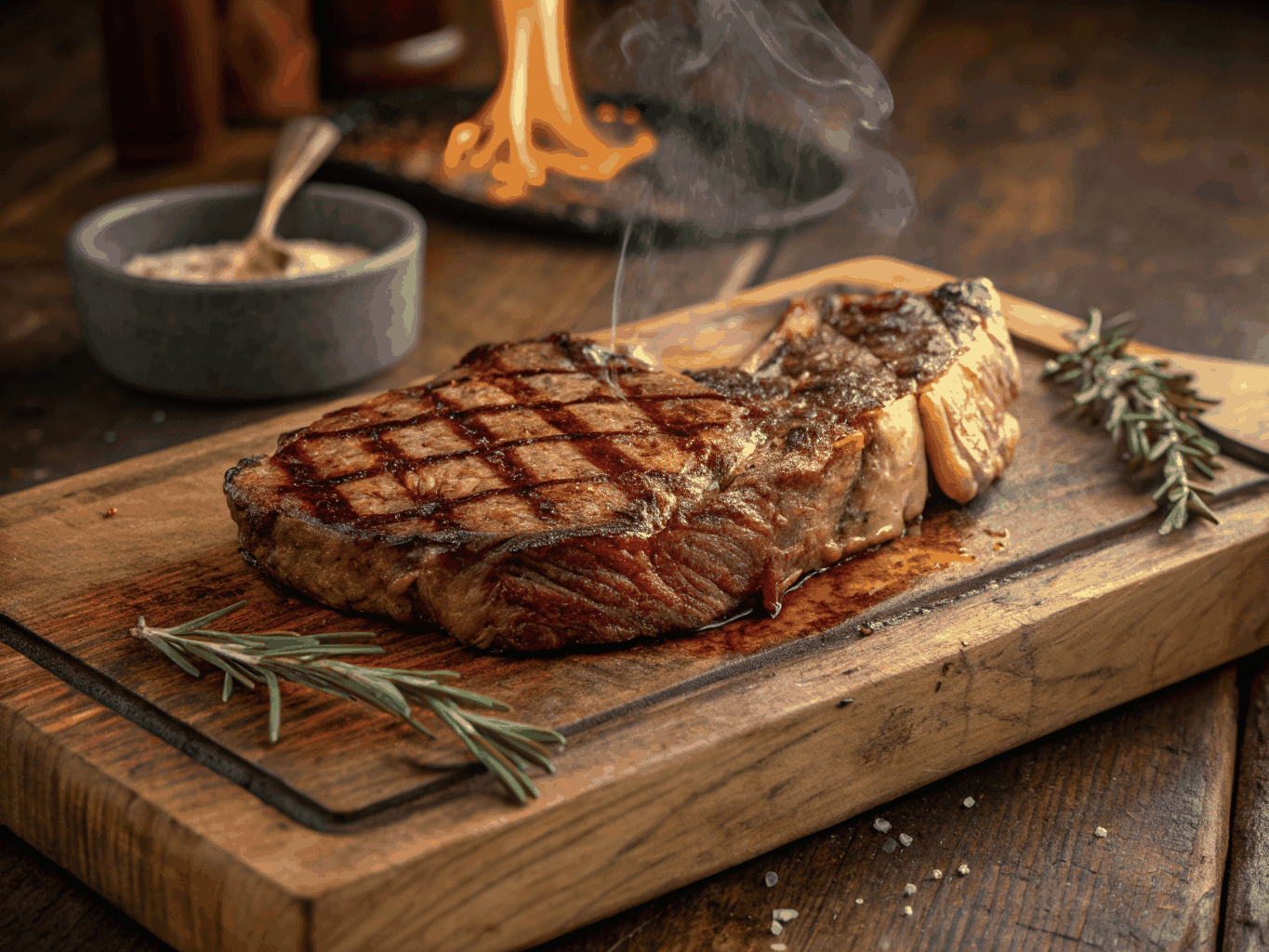 Prime dry aged steak grilled over open olive wood flame